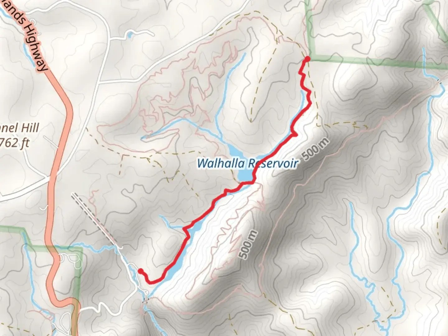 An image depicting the trail Walhalla Reservoir and Cane Creek and its surrounding area.