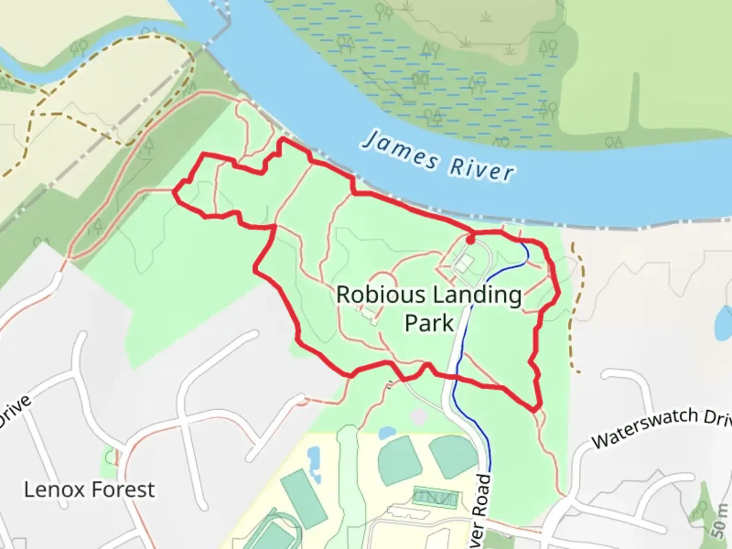 An image depicting the trail Robious Landing Park - White Blaze Loop Trail and its surrounding area.