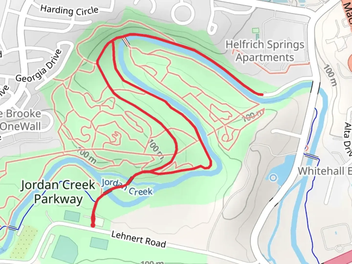 An image depicting the trail Jordan Creek from Lehnert Road and its surrounding area.