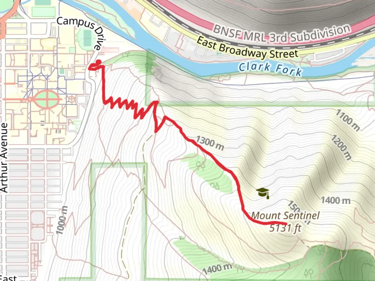 An image depicting the trail Mount Sentinel and Hellgate Ridgeline via Trail to the M and its surrounding area.