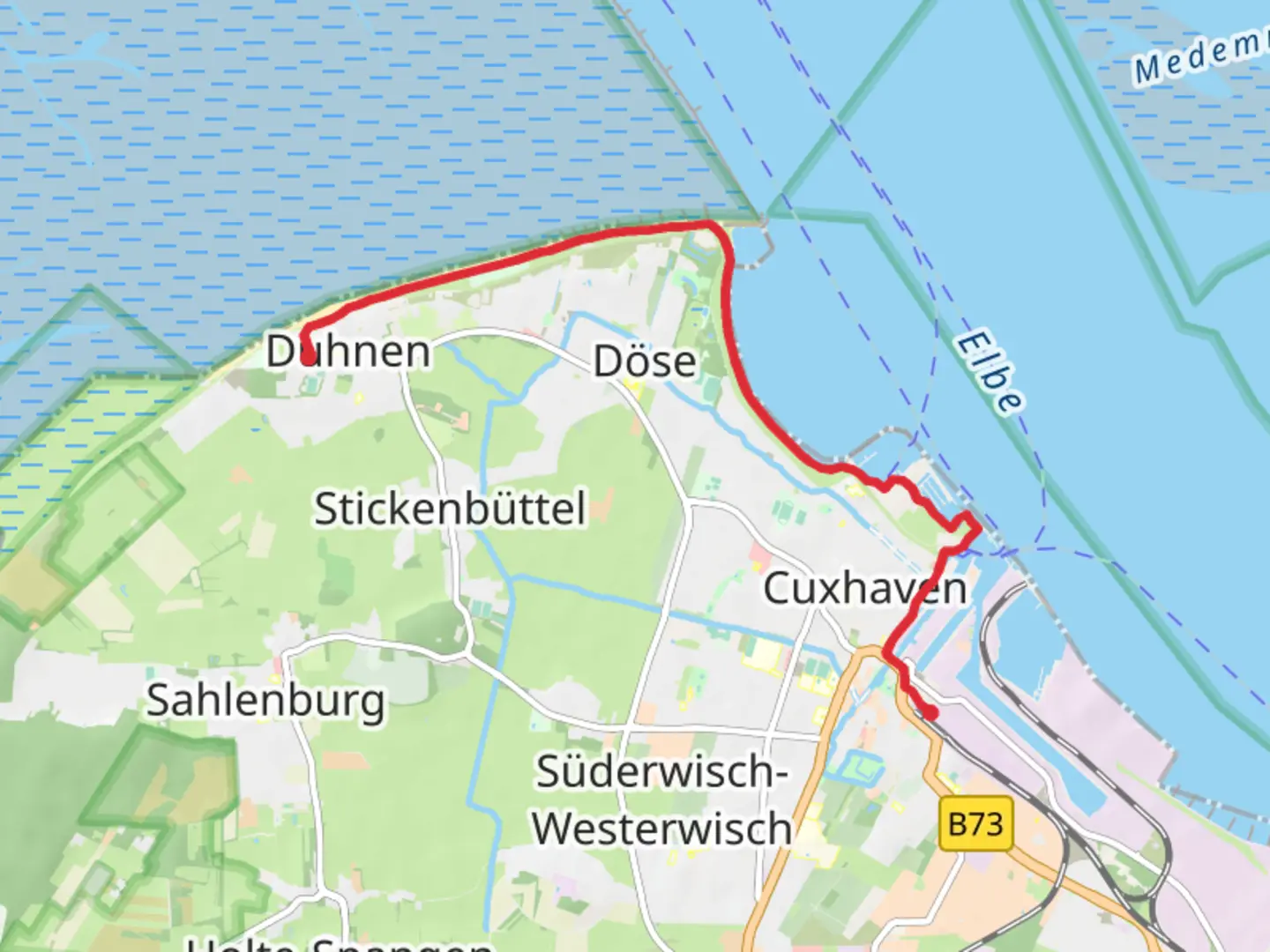 An image depicting the trail Cuxhaven to Duhnen Coastal Walk and its surrounding area.