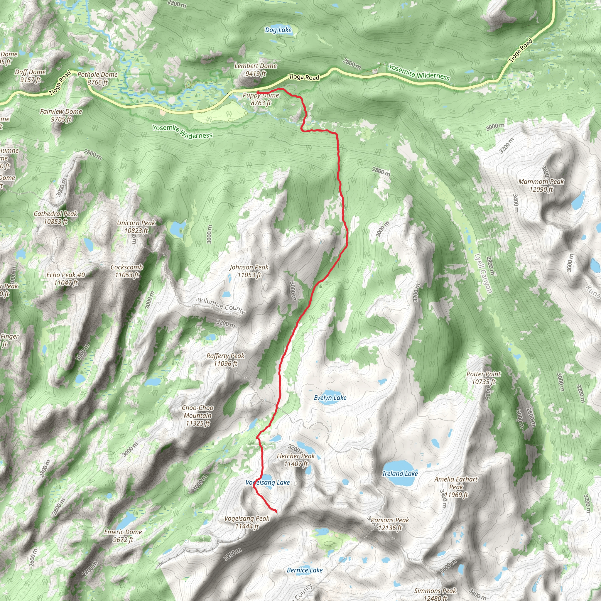 Vogelsang Lake via Rafferty Creek Trail mobile static map