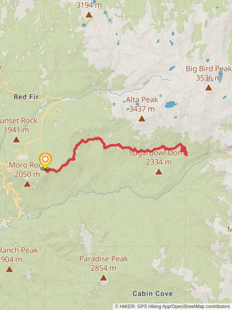 An image depicting the trail High Sierra Trail - Crescent Meadow Road and its surrounding area.