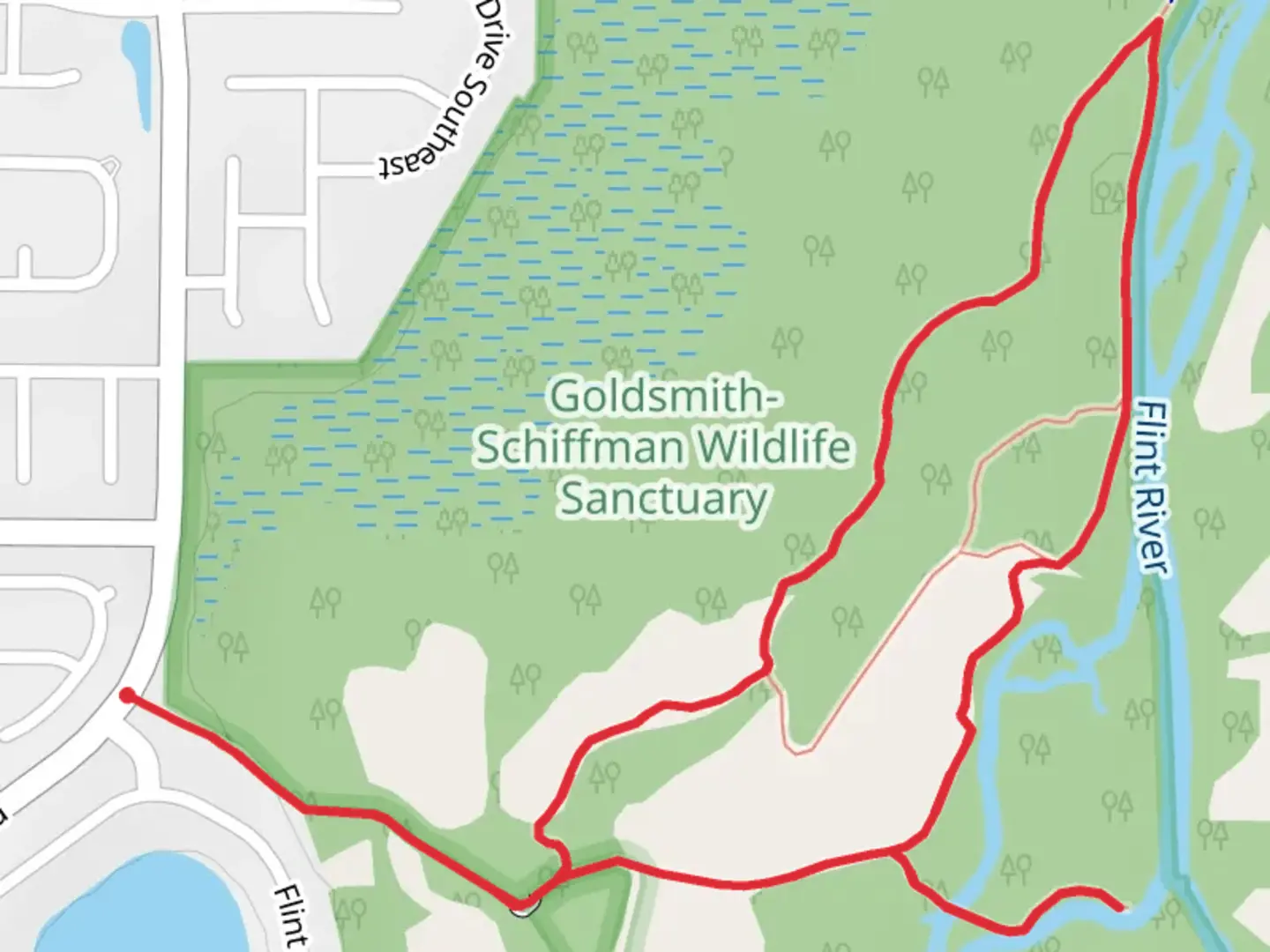 An image depicting the trail Gravel Bar, Deer Run and Primitive Loop Trail and its surrounding area.