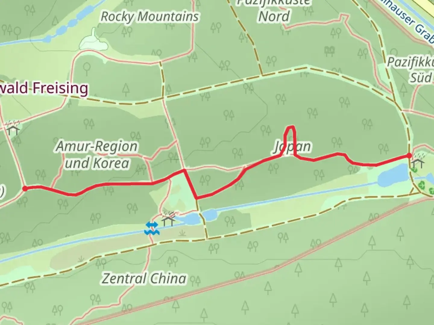 An image depicting the trail Themenpfad Mittel und Ostasien and its surrounding area.