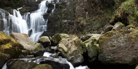 An image depicting the trail Torc Waterfall and its surrounding area.