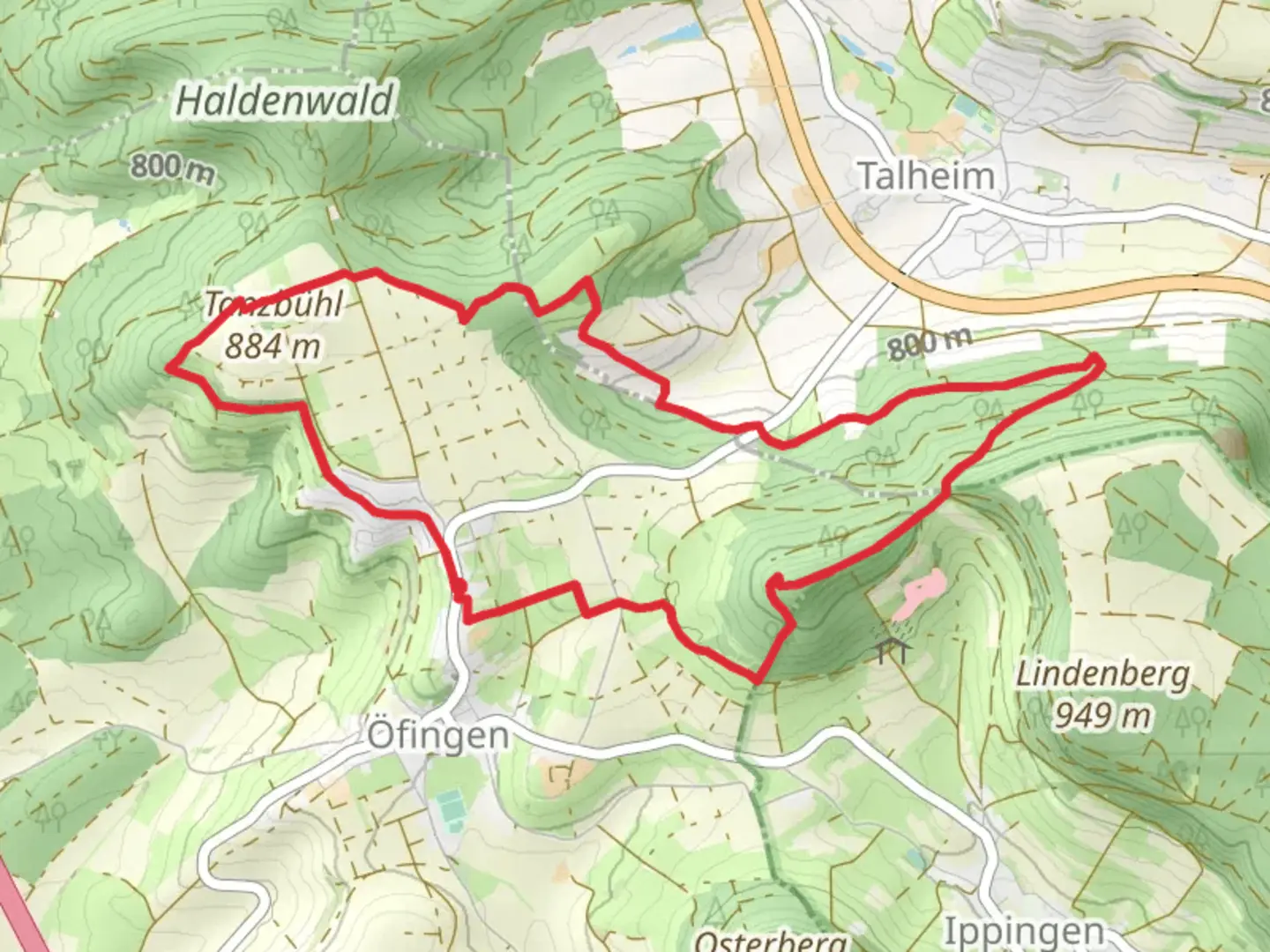 An image depicting the trail Himmelberg Loop via Lindensteige and its surrounding area.