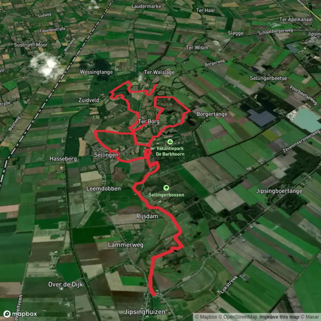 An image depicting the trail Jipsinghuizen to Laude via Westerwoldepad and its surrounding area.