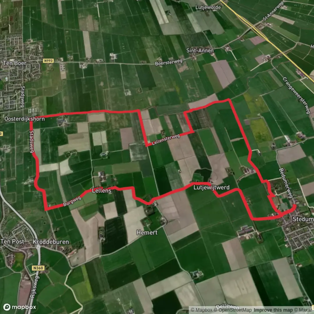 An image depicting the trail Stedumermaar and Westerwijtwerdermaar via Peertilpad and its surrounding area.