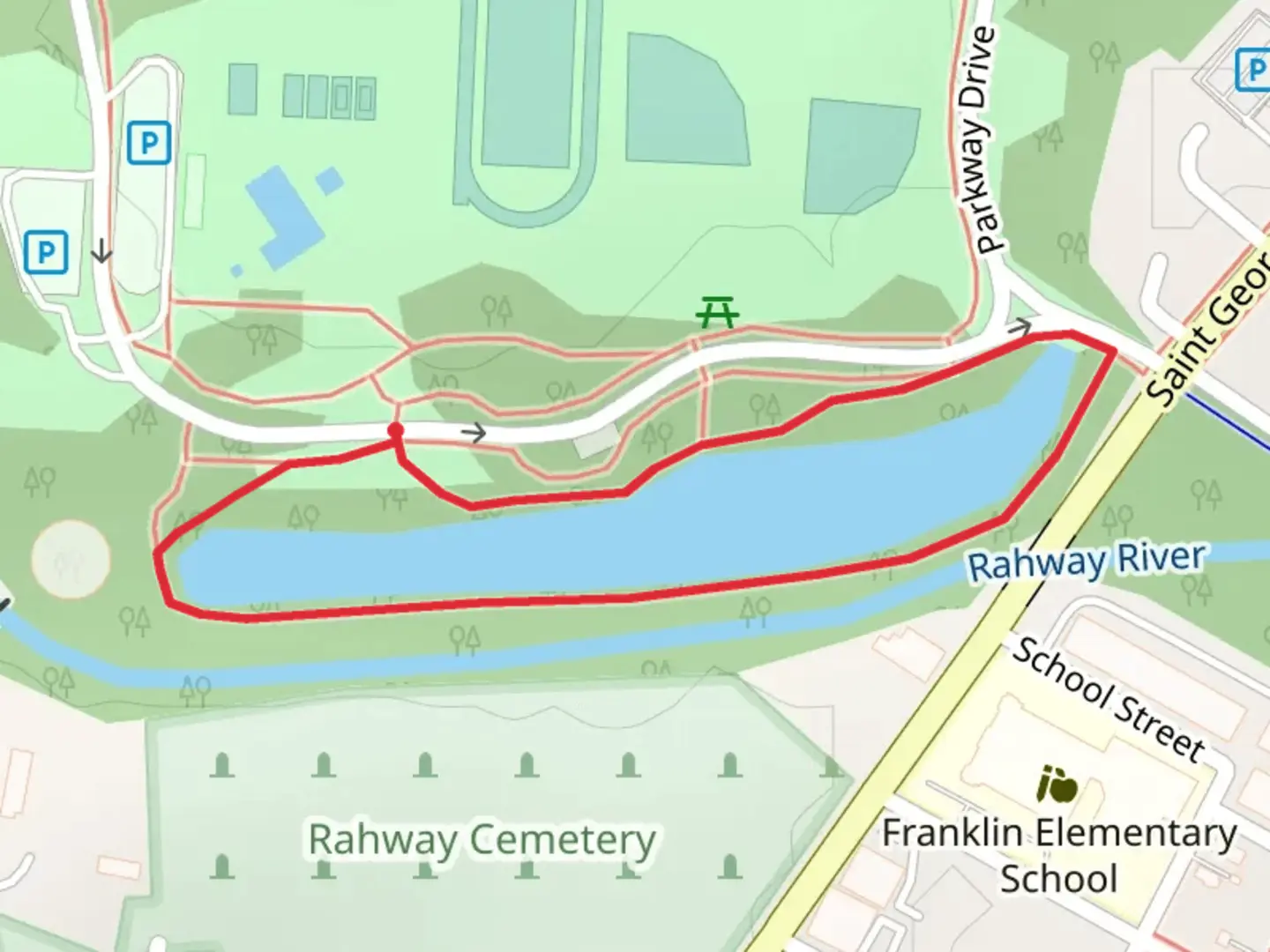 An image depicting the trail Parkway Drive Loop via Rahway River and its surrounding area.