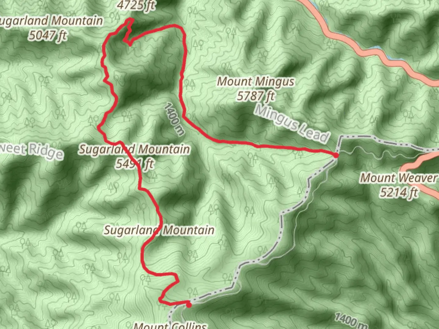 An image depicting the trail Sugarland Mountain Trail and Road Prong Trail and its surrounding area.