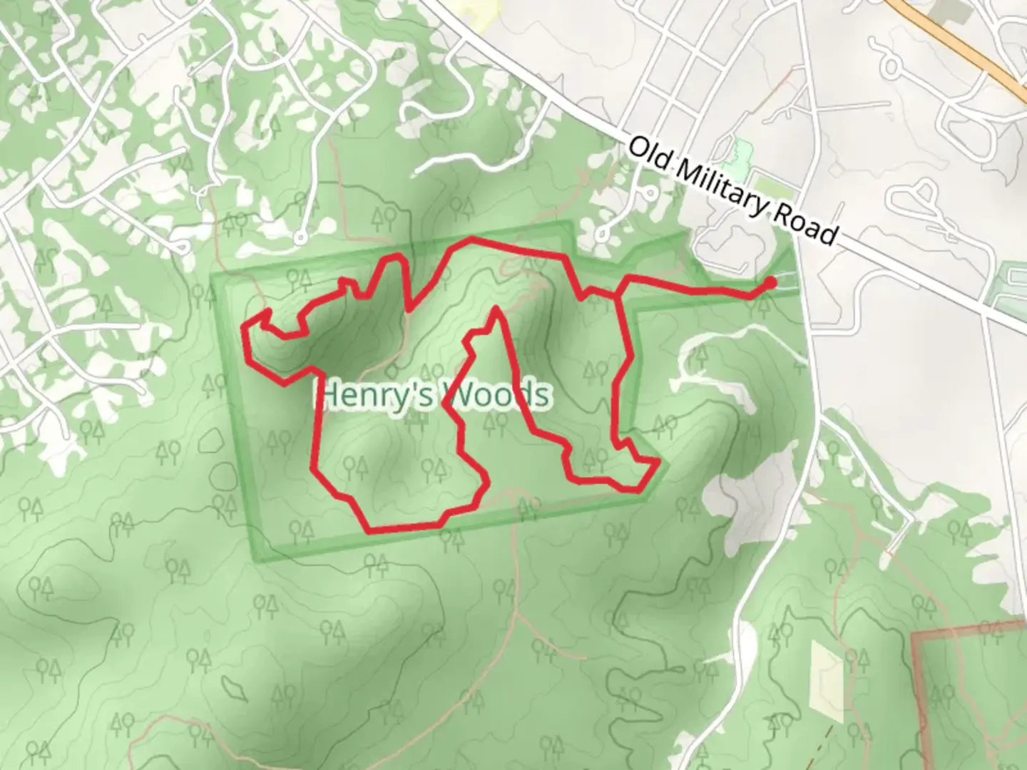 An image depicting the trail Henry's Woods Loop from Bear Cub Road and its surrounding area.