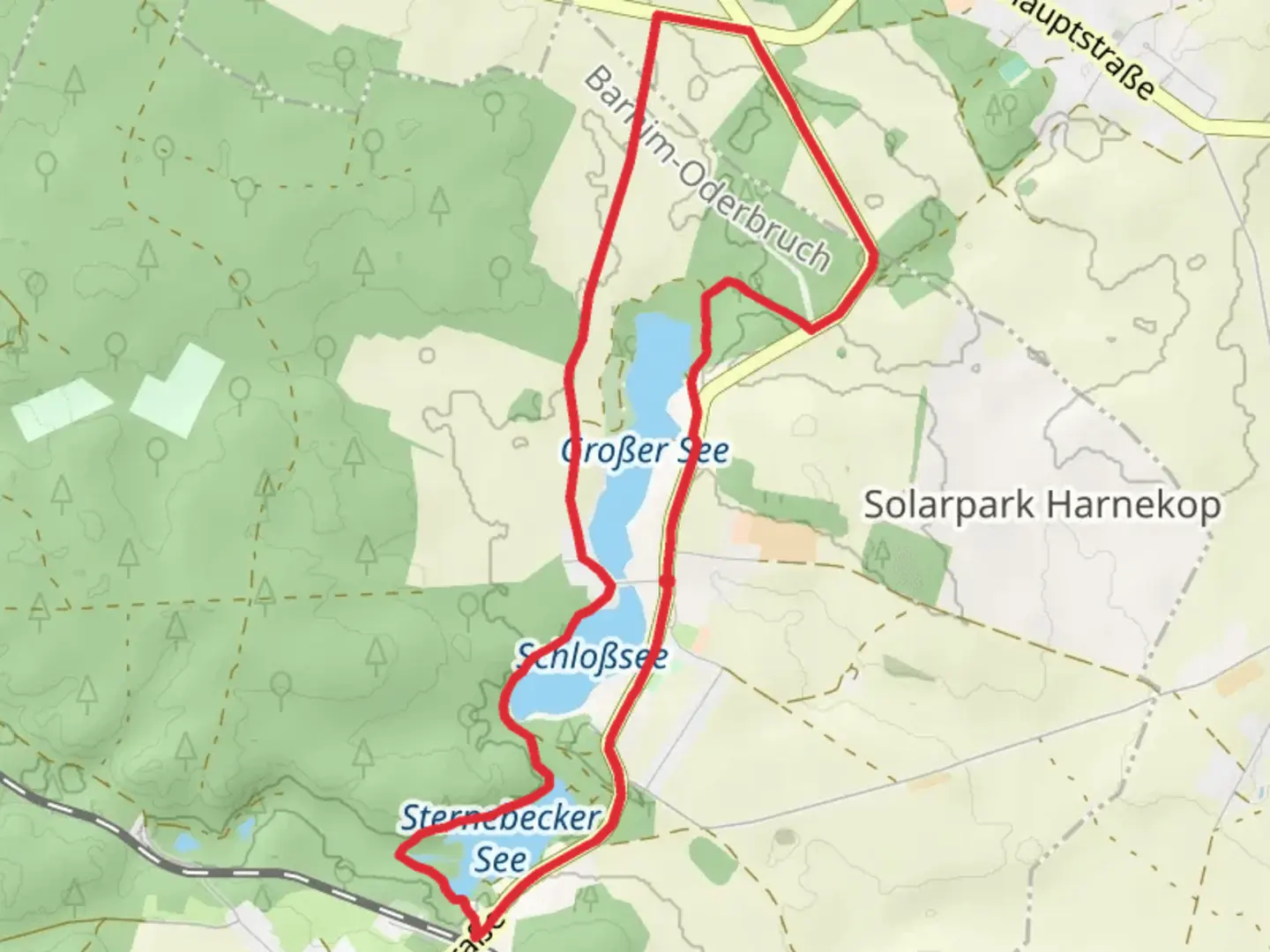 An image depicting the trail Schloßsee,Sternebecker See and Großer See Loop and its surrounding area.
