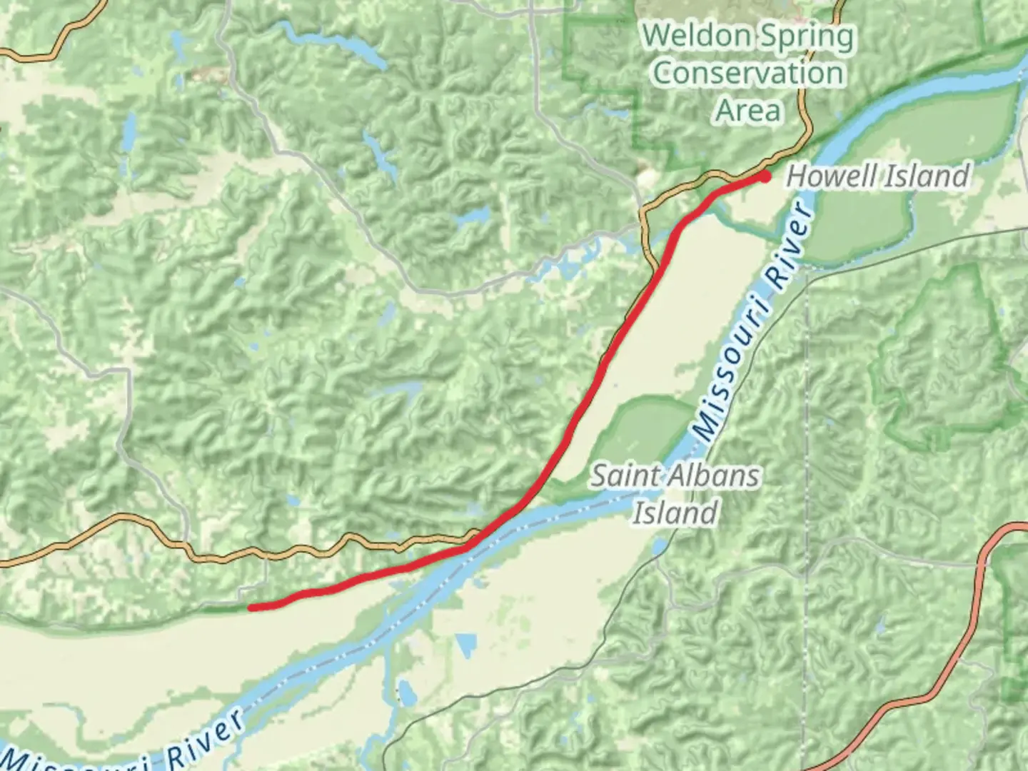 An image depicting the trail Katy Trail from Missouri Route 94 and its surrounding area.
