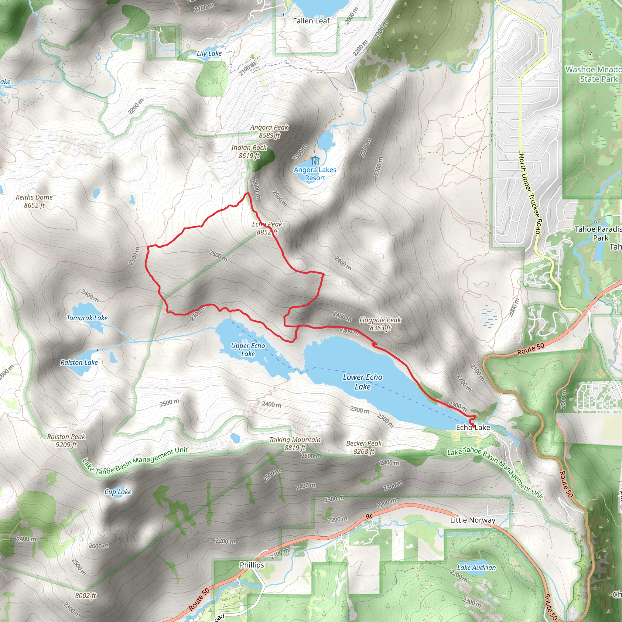 Tahoe Rim Trail and Echo Peak via Lower Echo Lake mobile static map
