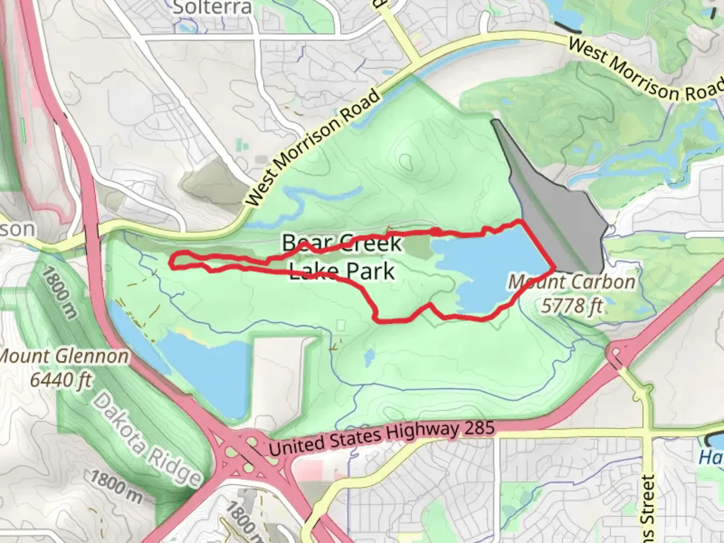 An image depicting the trail Bear Creek Lake and Bear Creek Lake Park Loop and its surrounding area.
