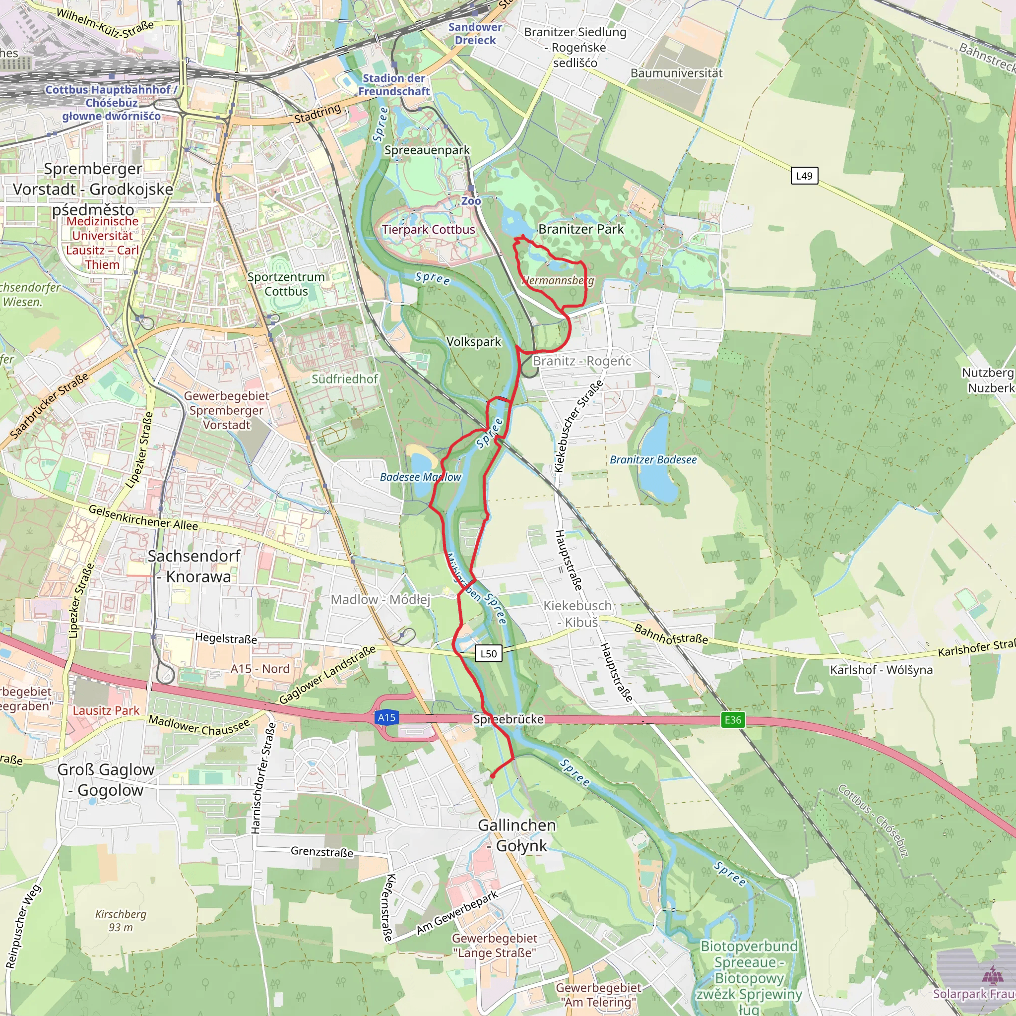 Spree and Schlangensee via Wanderweg CB and Cottbuser Wanderring mobile static map