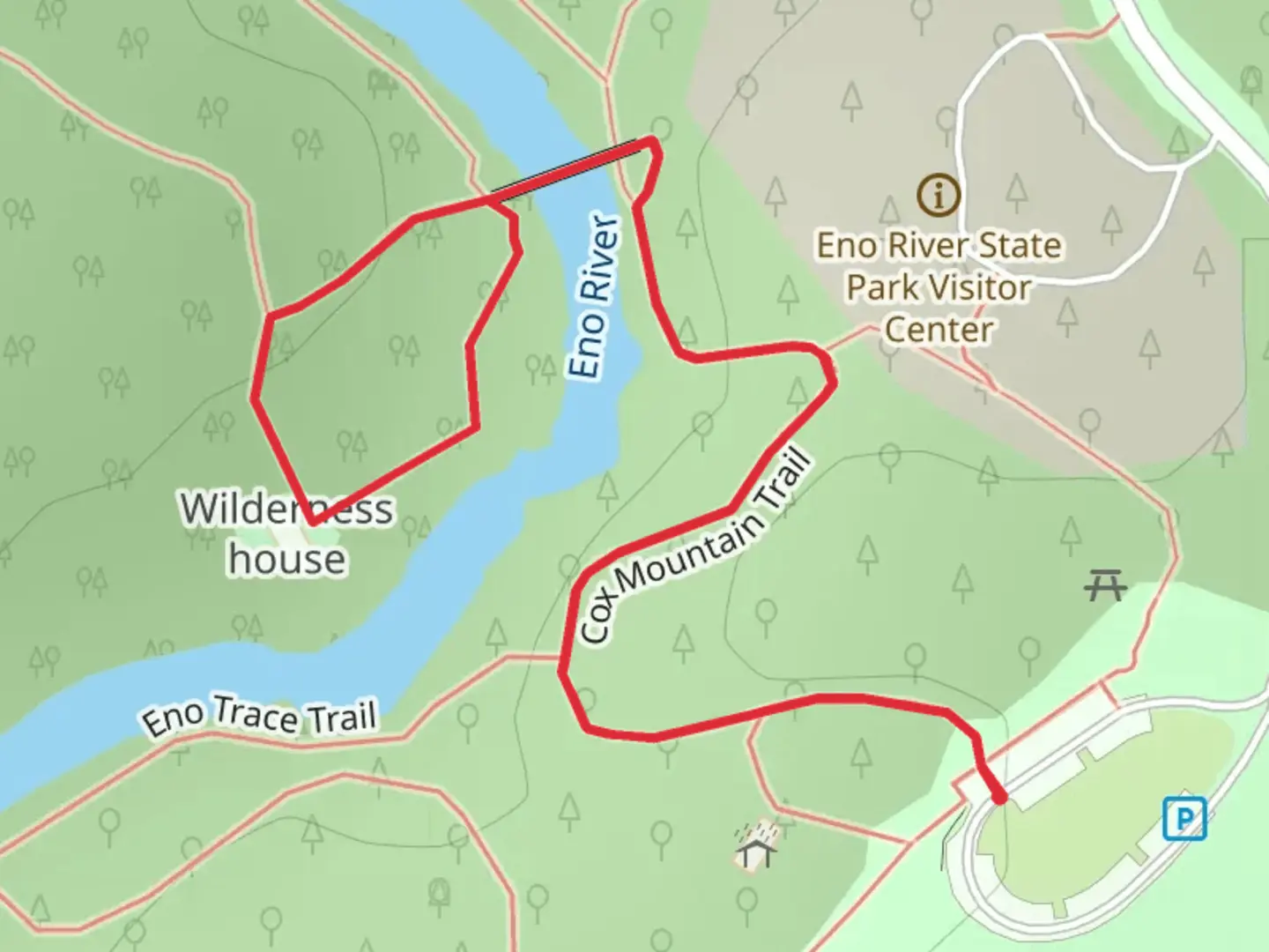 An image depicting the trail Eno River via Cox Mountain Trail and its surrounding area.