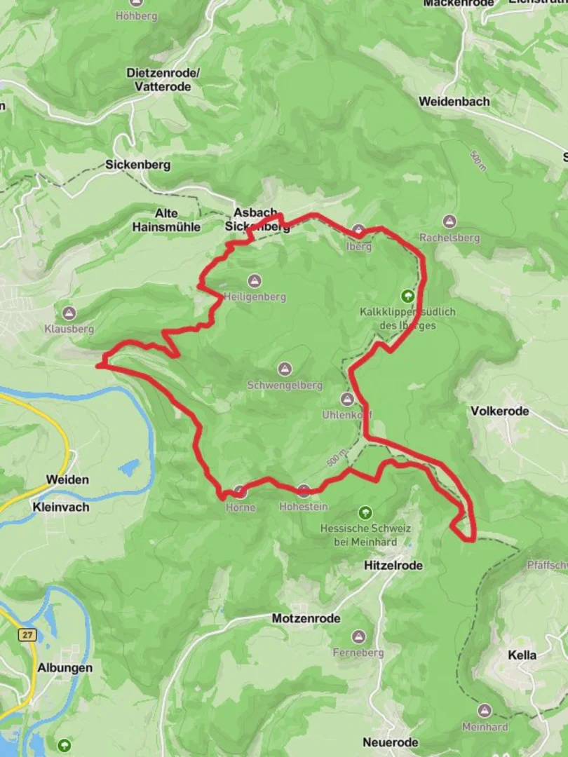 An image depicting the trail Asbach SIckenberg Loop via Schloss Rothestein and its surrounding area.
