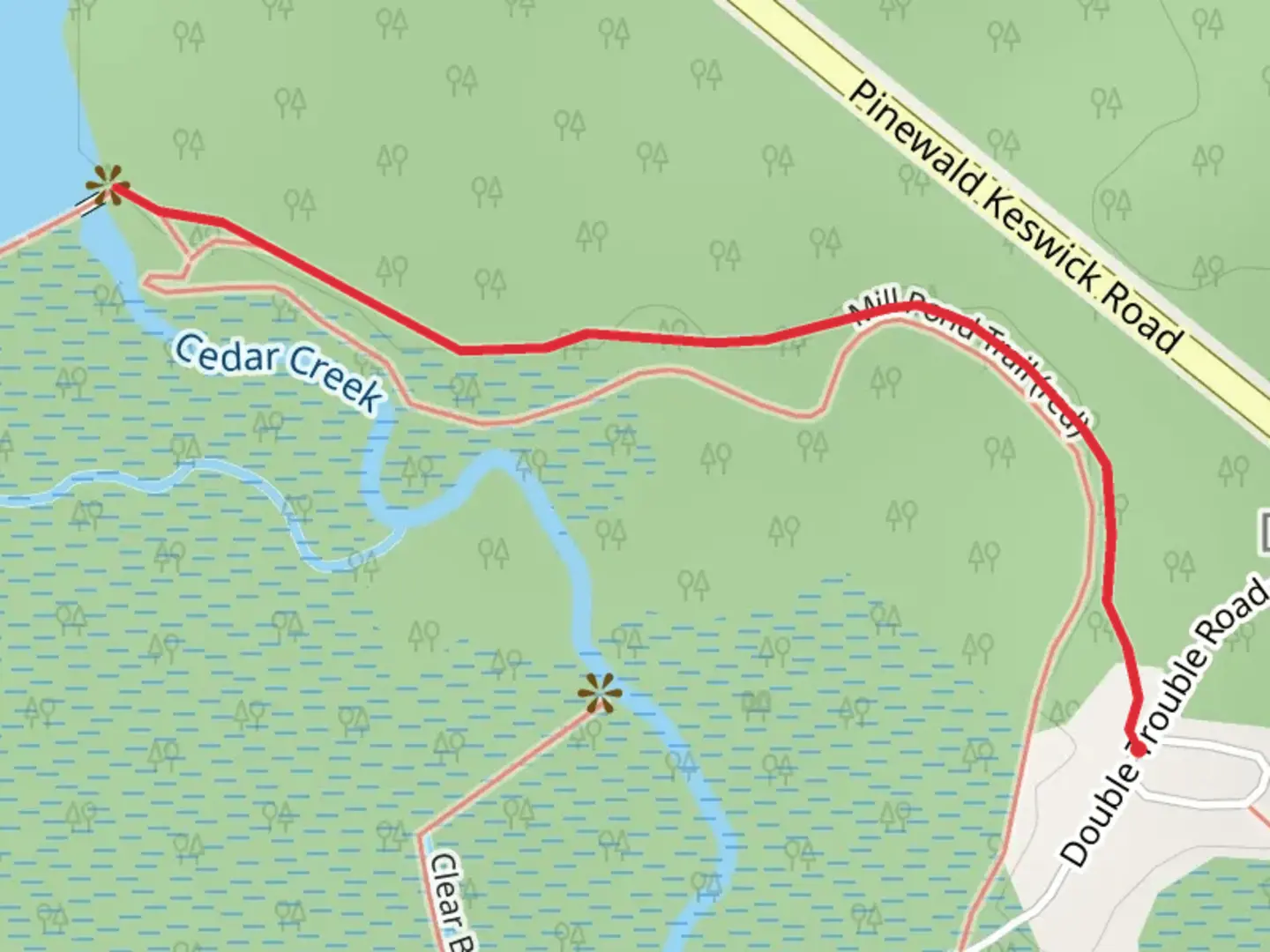 An image depicting the trail Mill Pond Trail and its surrounding area.