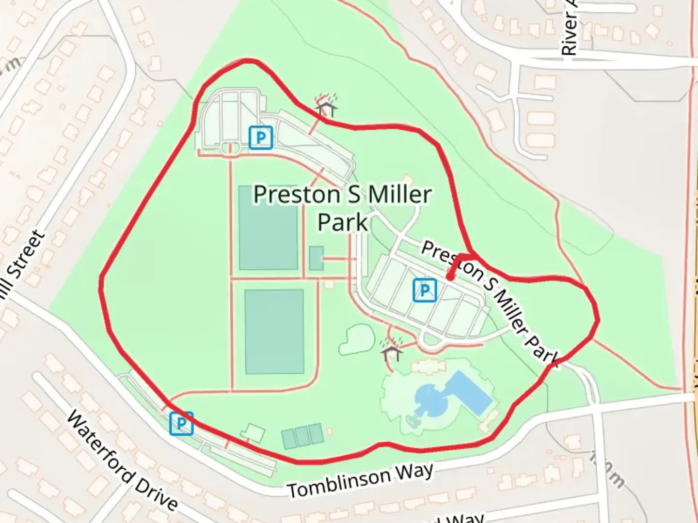 An image depicting the trail Preston S Miller Park Loop and its surrounding area.