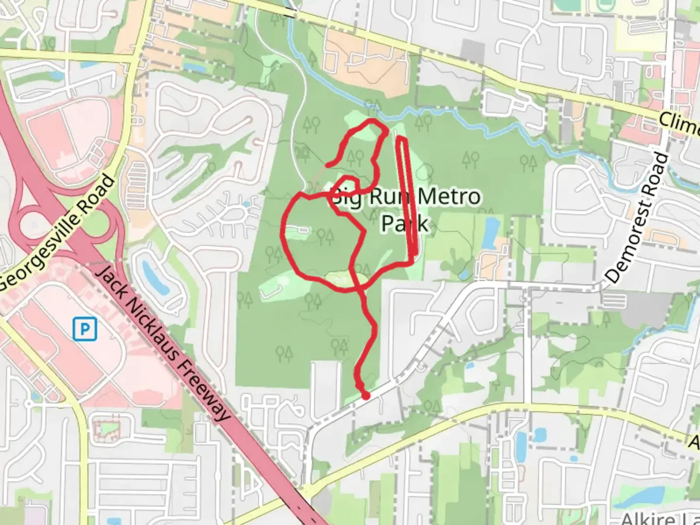 An image depicting the trail Big Run Metro Park Loop and its surrounding area.