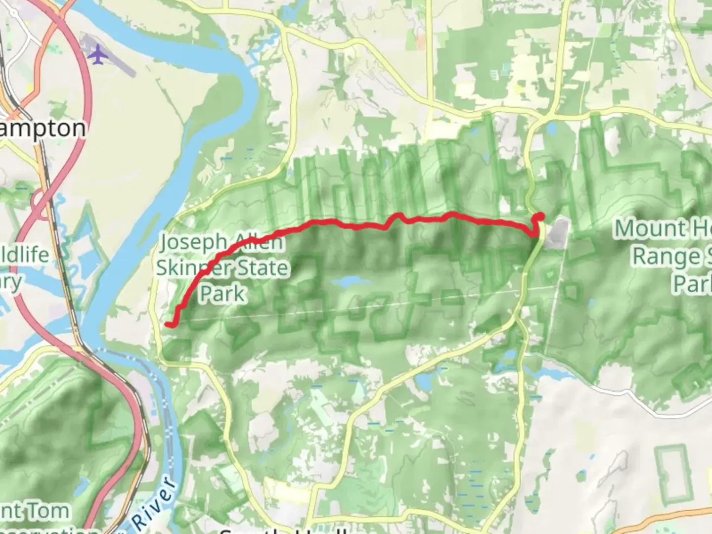 An image depicting the trail Mount Holyoke via Bare Mountain Trail and its surrounding area.