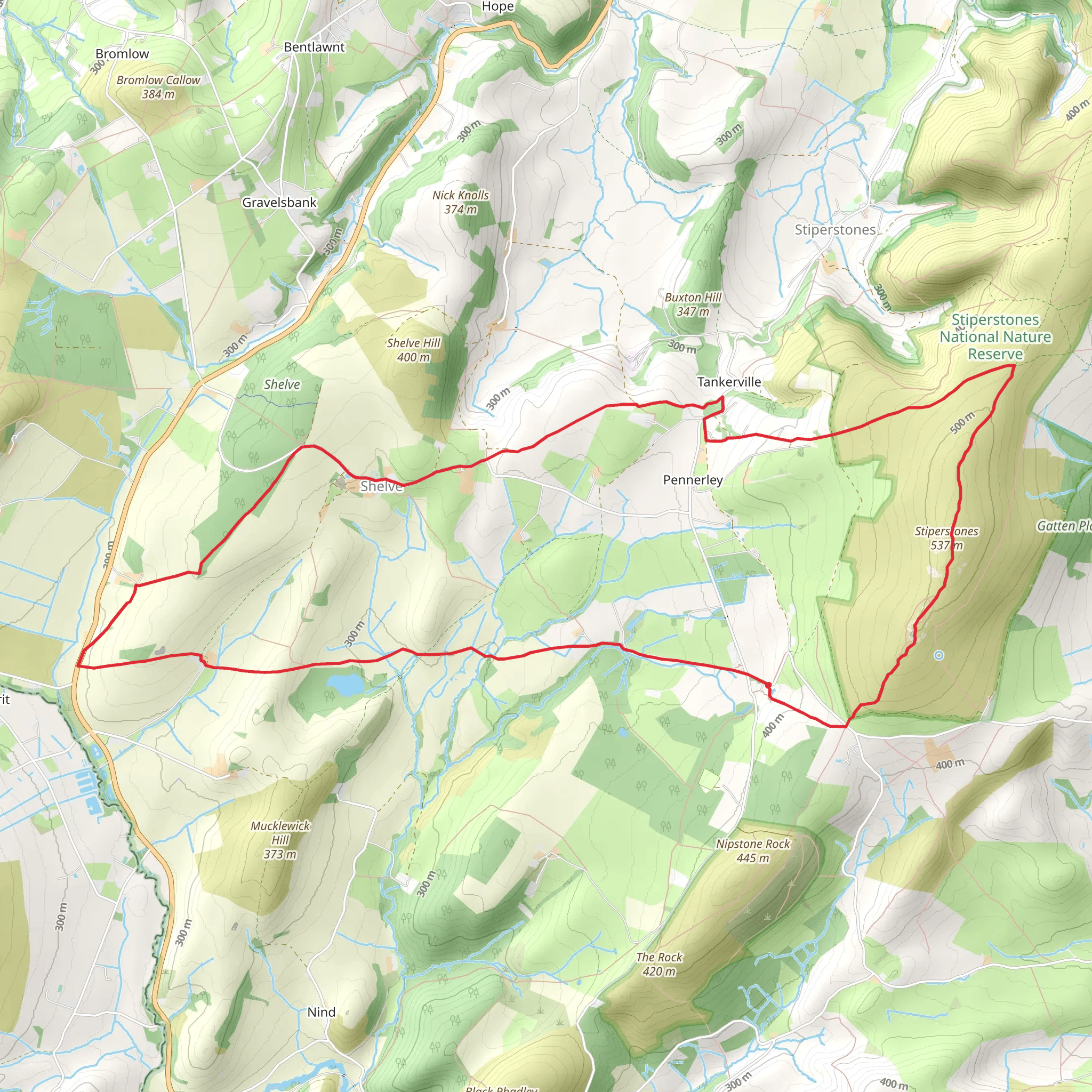 Shelve and The Stiperstones from The Bog mobile static map