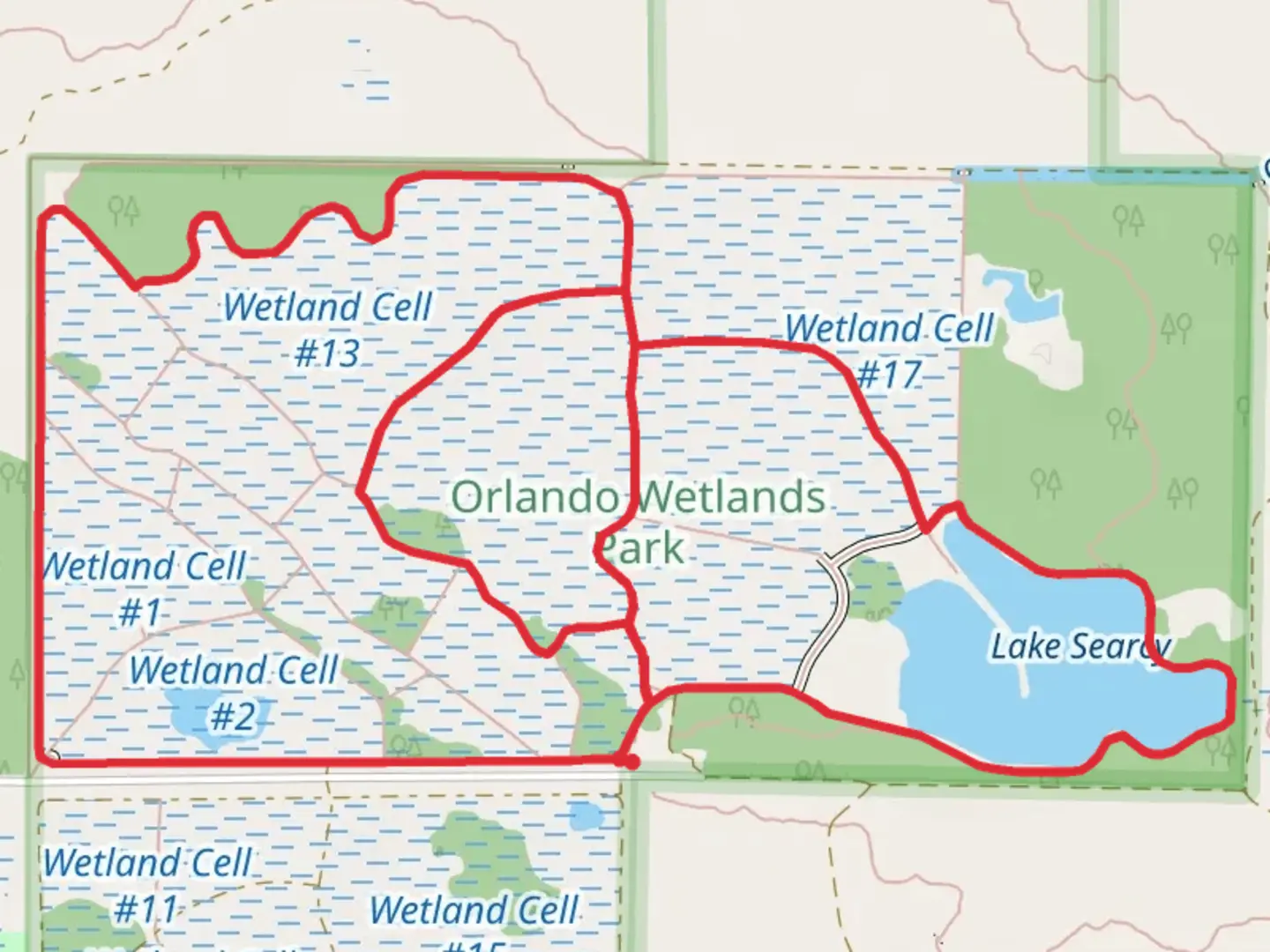 An image depicting the trail Orlando Wetlands Park Loop - Long and its surrounding area.