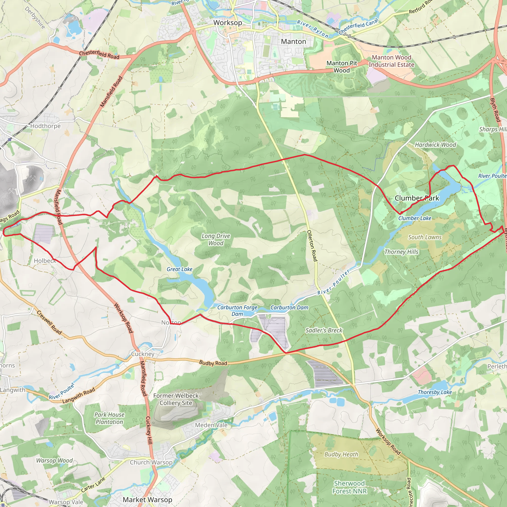 Clumber Park, Crags Pond and Duncanwood Plantation Loop mobile static map