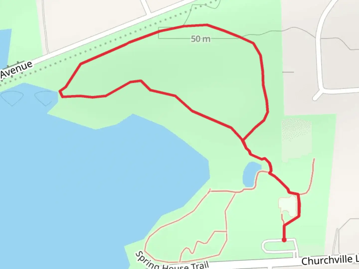 An image depicting the trail Springfield Lake - Churchville Lane and its surrounding area.