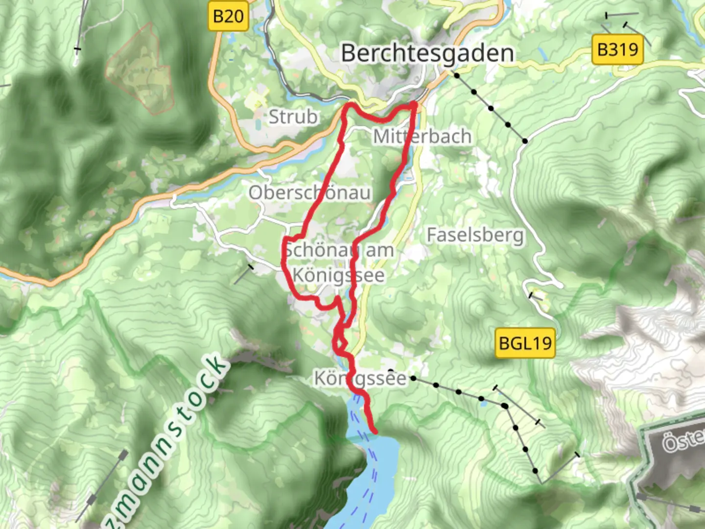 An image depicting the trail Berchtesgaden and Schonau am Knoigsee Loop and its surrounding area.