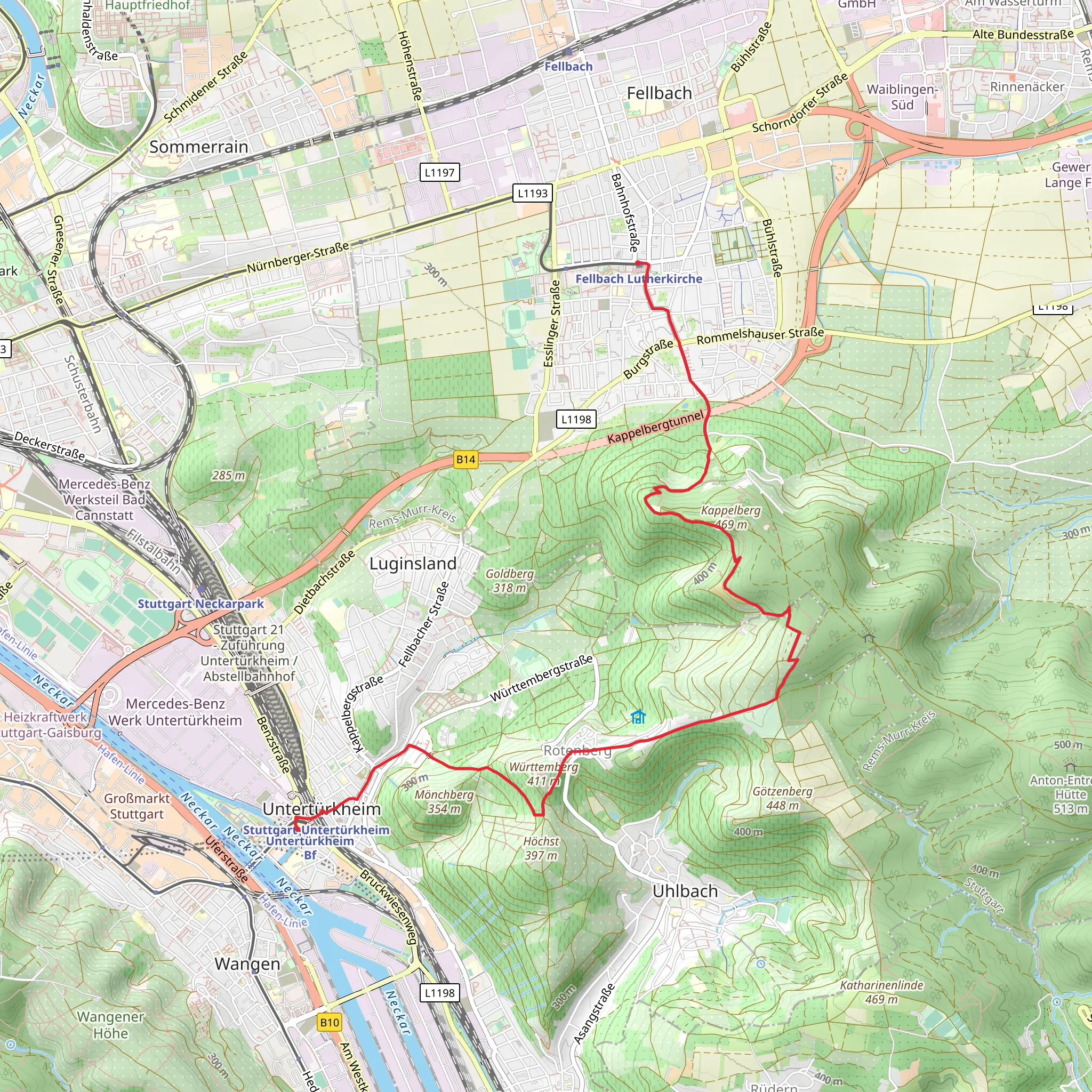 Untertürkheim to Fellbach Lutherkirche mobile static map