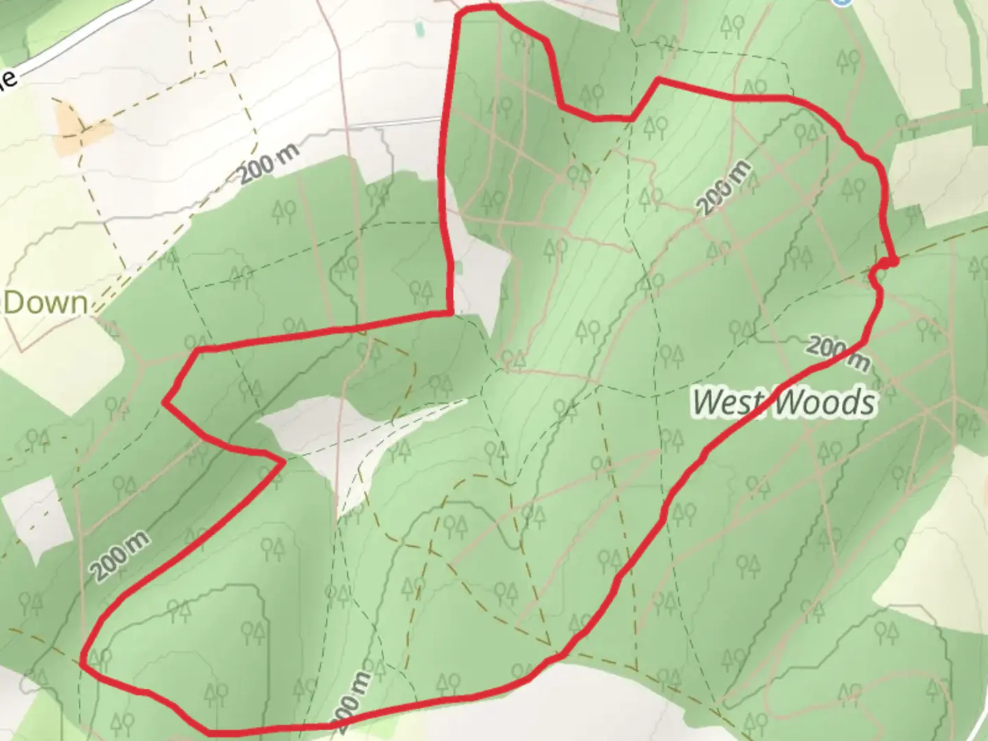 An image depicting the trail West Woods Loop and its surrounding area.
