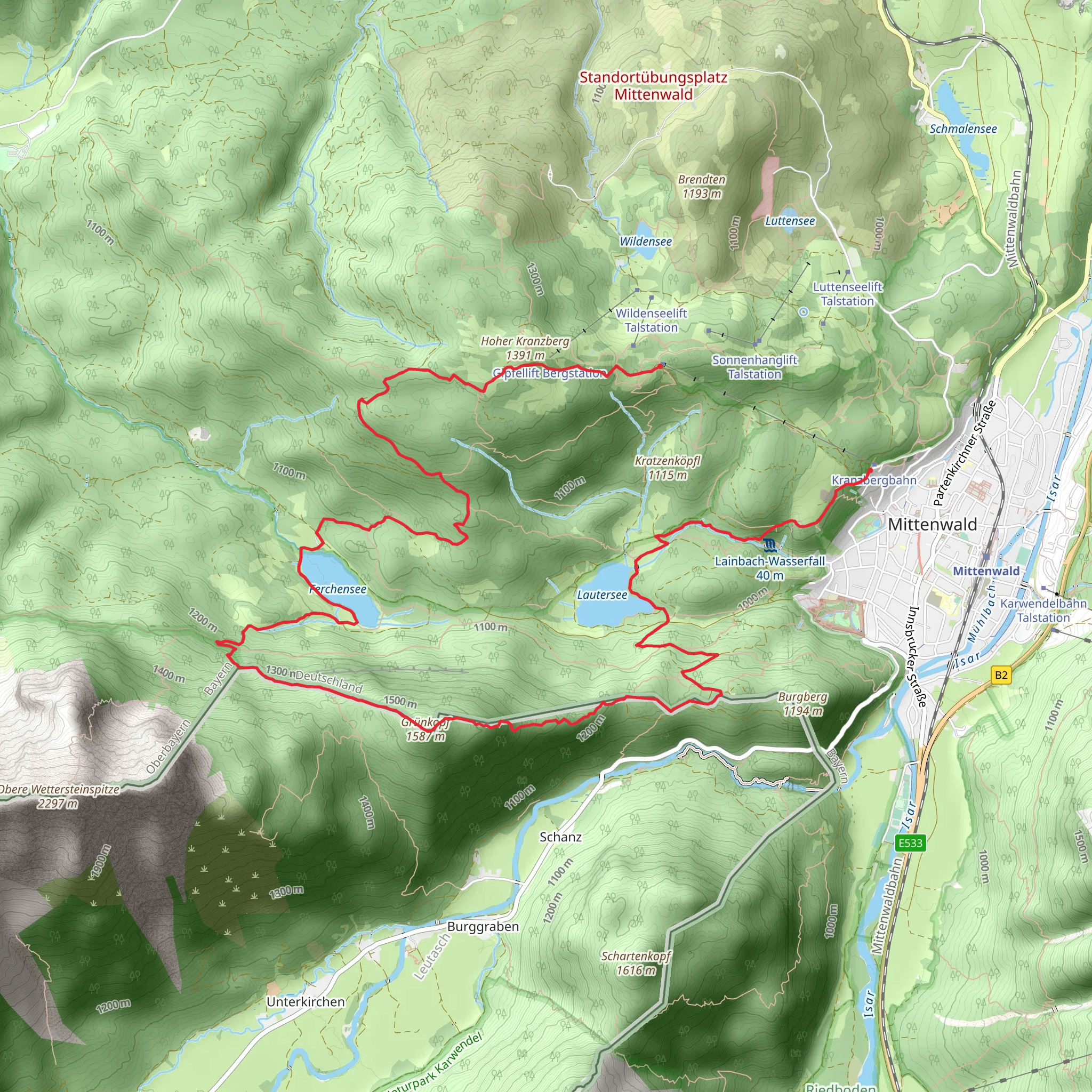 Ferchensee, Gruenkopf and Lautersee via Wanderweg mobile static map