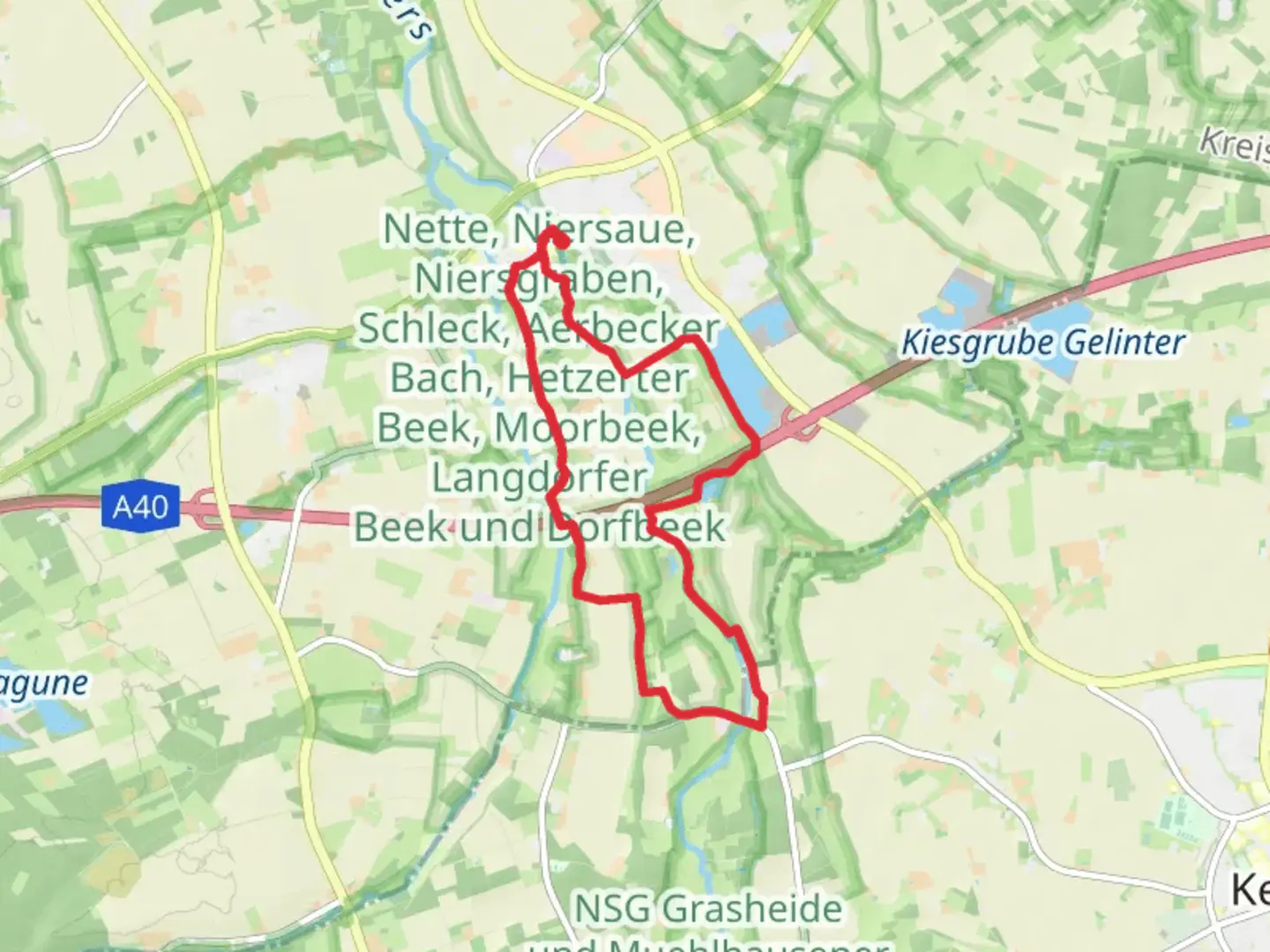 An image depicting the trail Kiesgrube via Erlebnispfad and Xanten-Hinsbeck and its surrounding area.