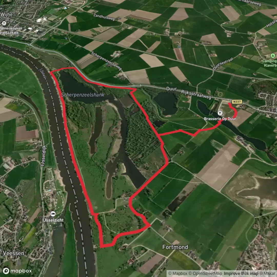 An image depicting the trail Scherpenzeelshank and Ijssel via Hanzestedenpad and its surrounding area.
