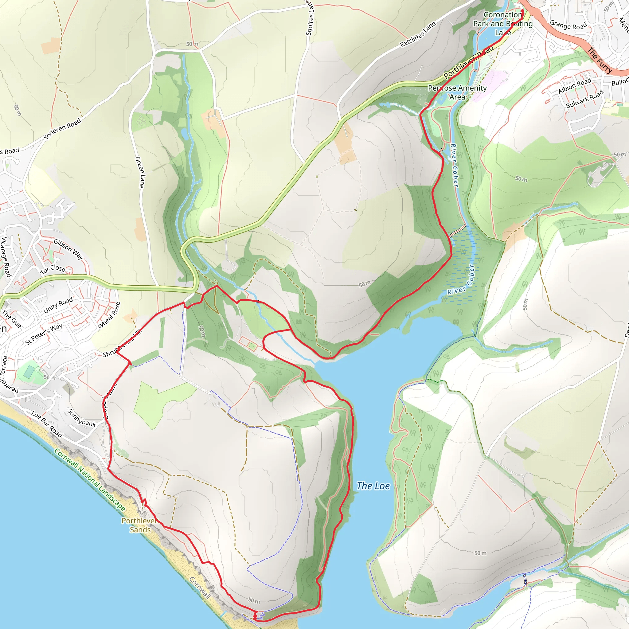 Porthleven Sands and The Loe Loop from Helston mobile static map