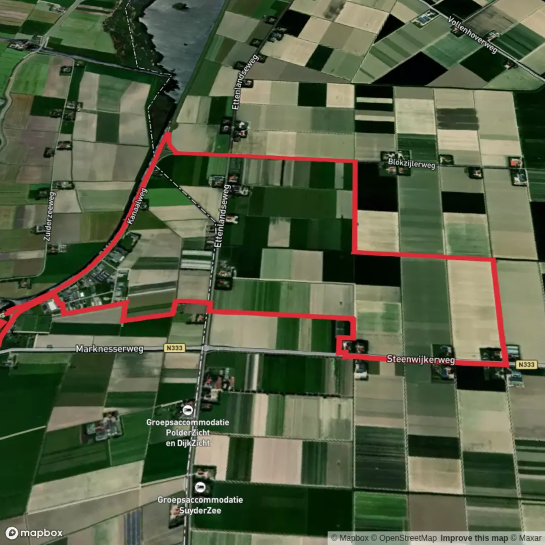 An image depicting the trail Noordoostpolder and Buitenlanden Loop and its surrounding area.