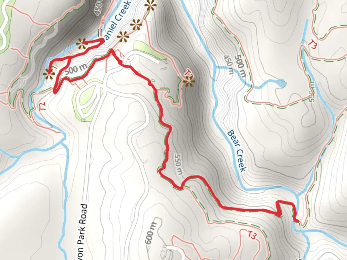 An image depicting the trail Cherokee Falls, Hemlock Falls and Bear Creek Backcountry Trail and its surrounding area.
