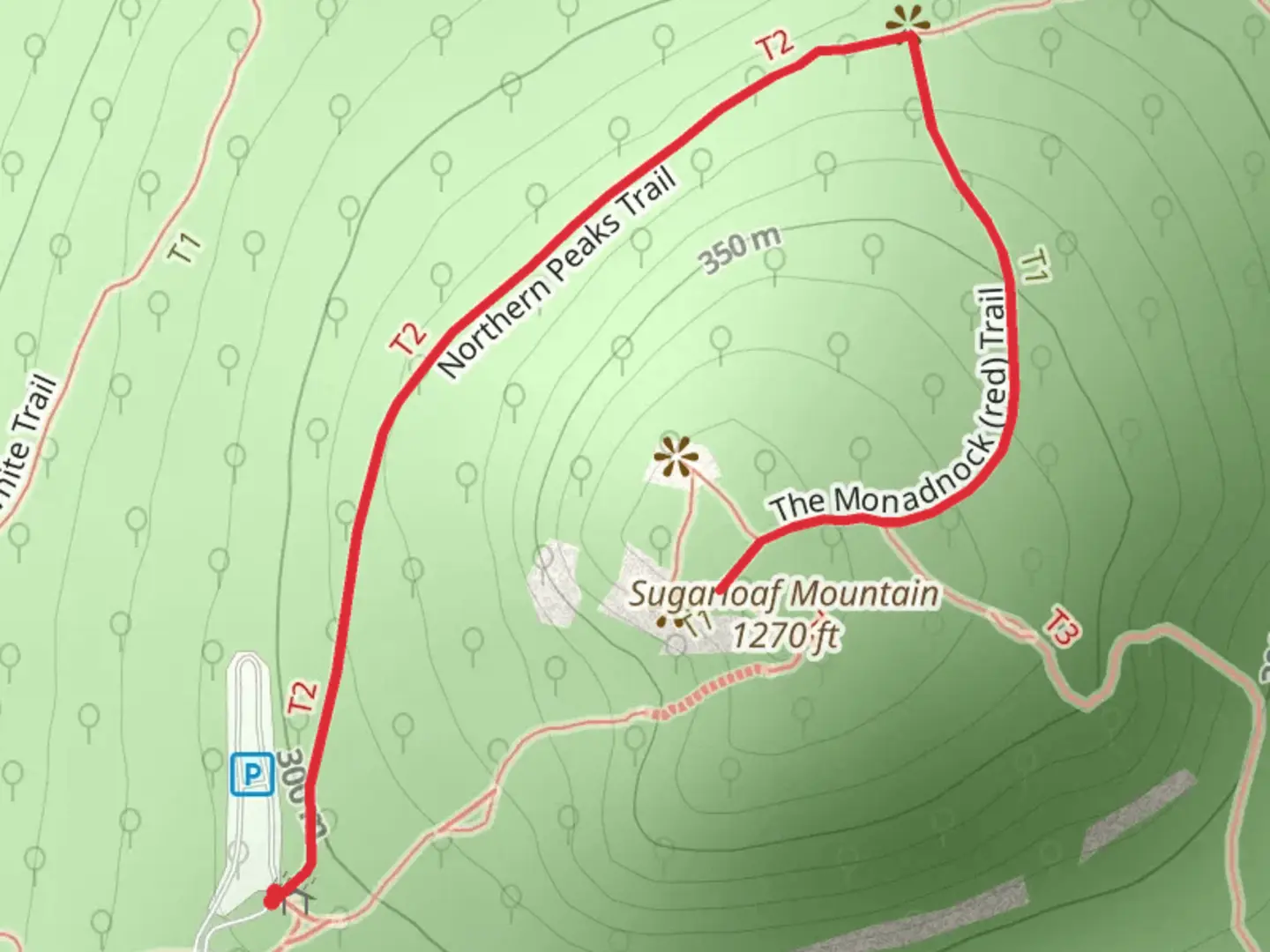 An image depicting the trail Sugarloaf Mountain via Northern Peaks Blue Trail and its surrounding area.