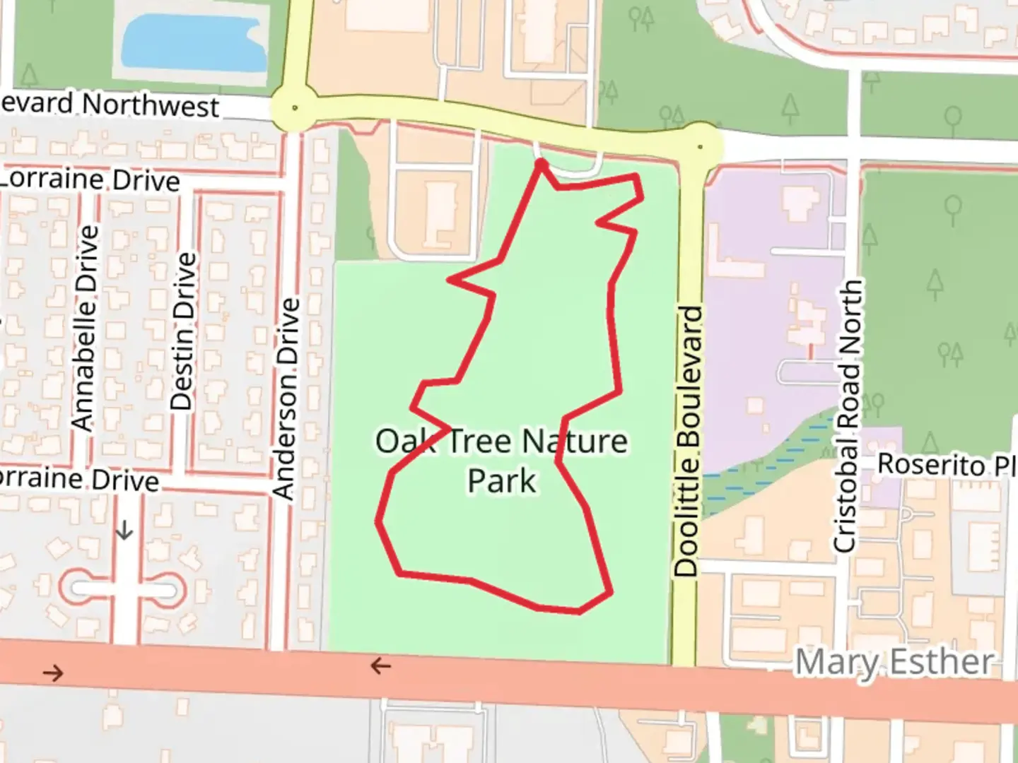 An image depicting the trail Oak Tree Nature Park Loop and its surrounding area.