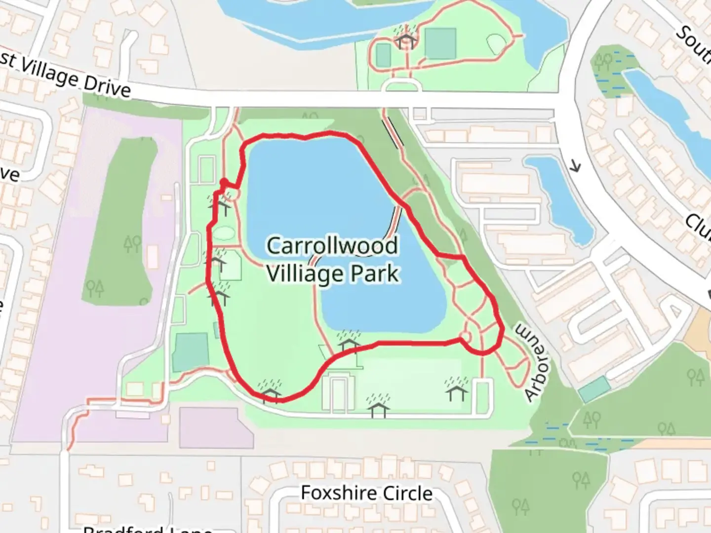 An image depicting the trail Carrollwood Villiage Park Loop and its surrounding area.