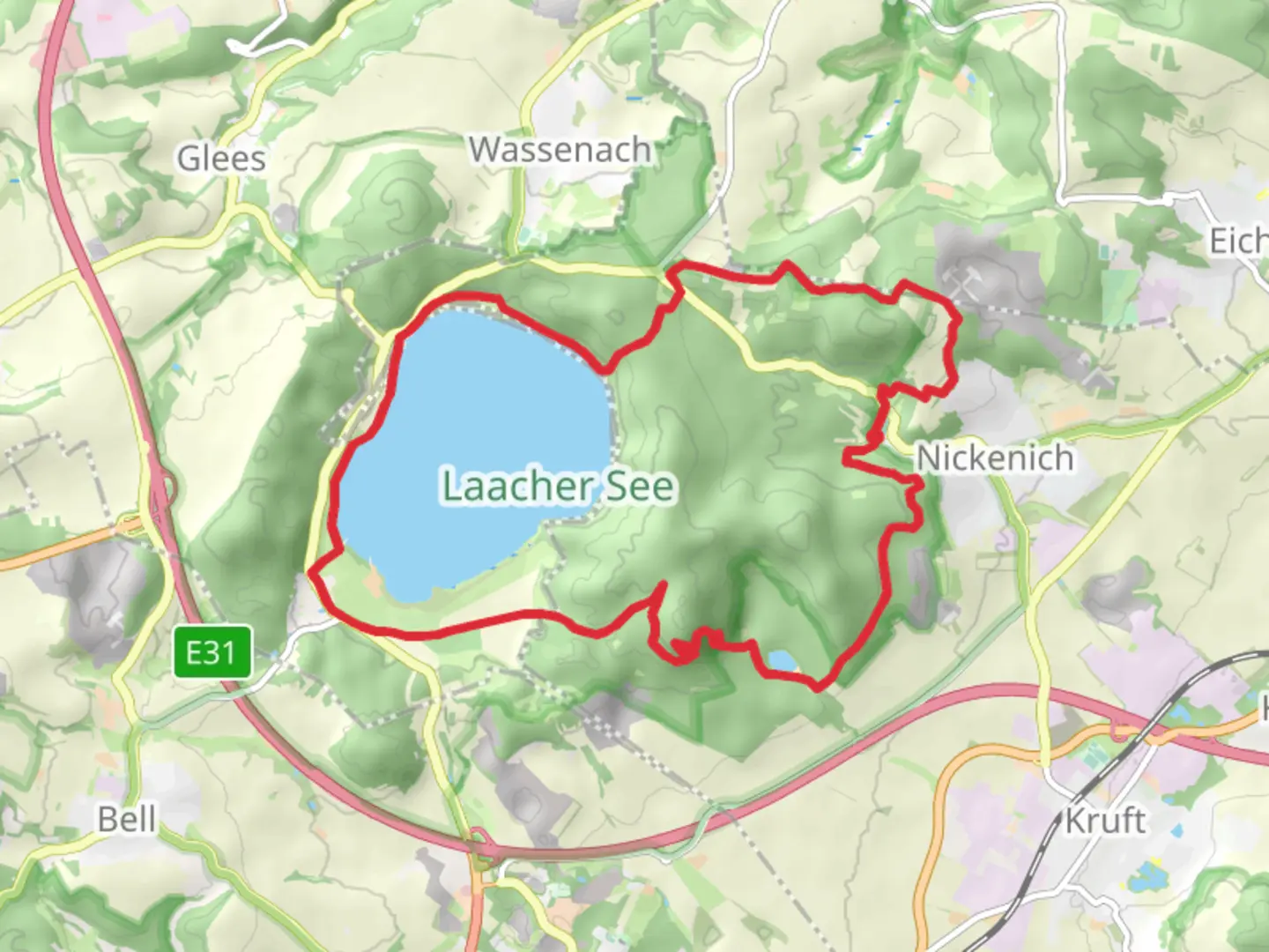 An image depicting the trail Laacher See Loop via Krufter Waldsee and its surrounding area.