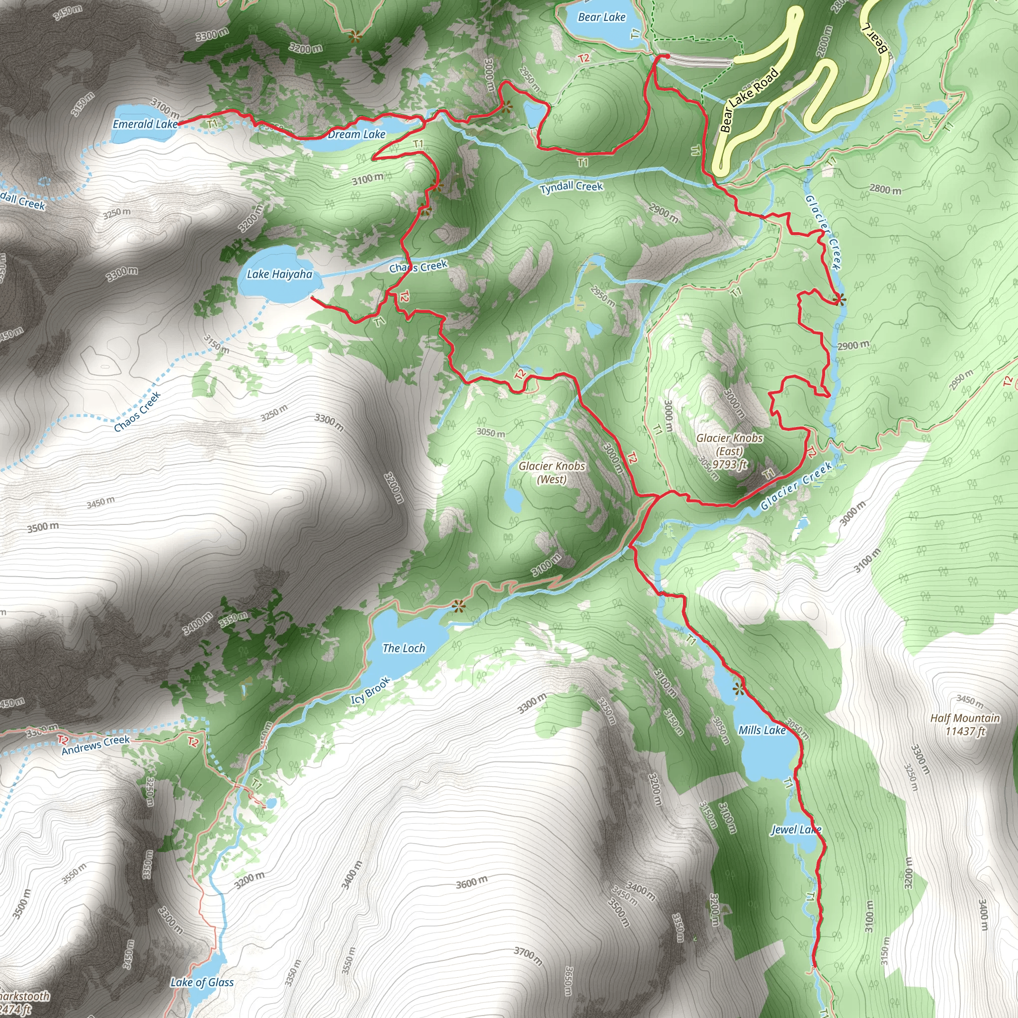Emerald Lake, Lake Haiyaha and Jewel Lake Loop Trail mobile static map