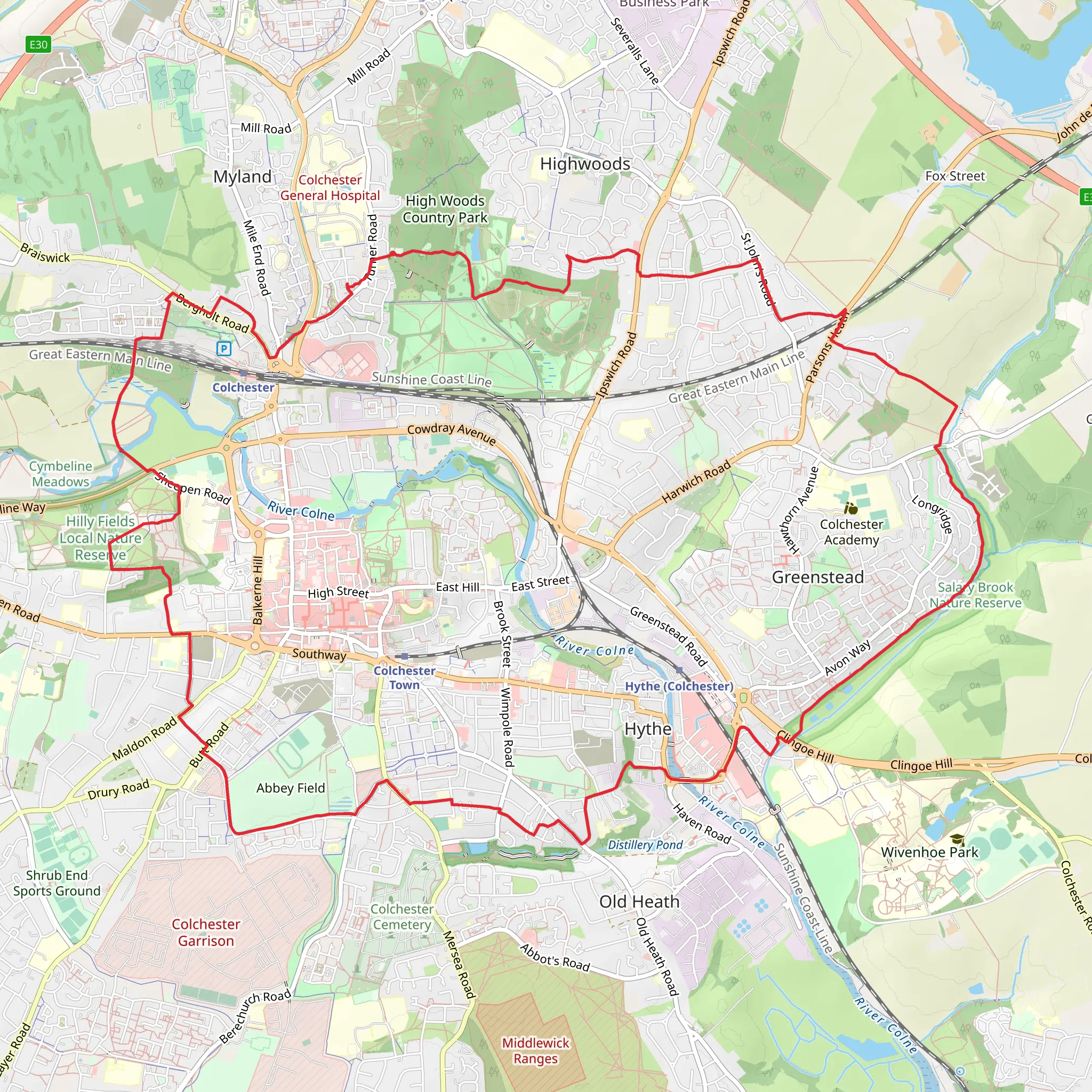 Colchester and Hythe Loop via High Woods Country Park mobile static map