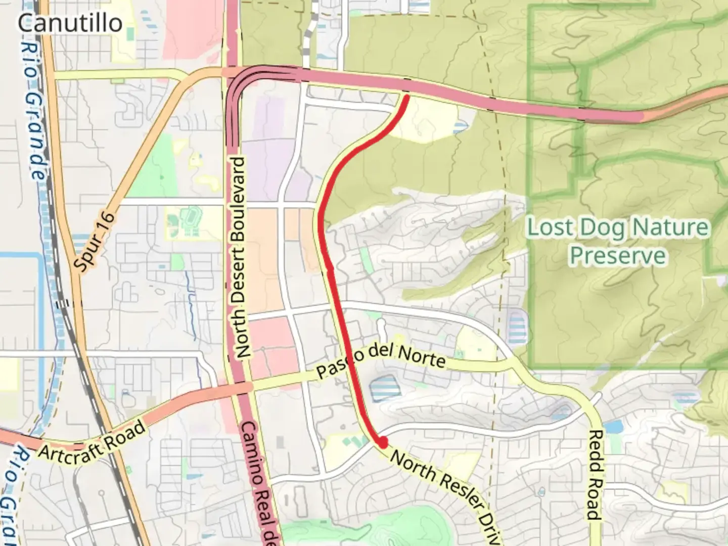 An image depicting the trail North Resler Drive Out and Back and its surrounding area.