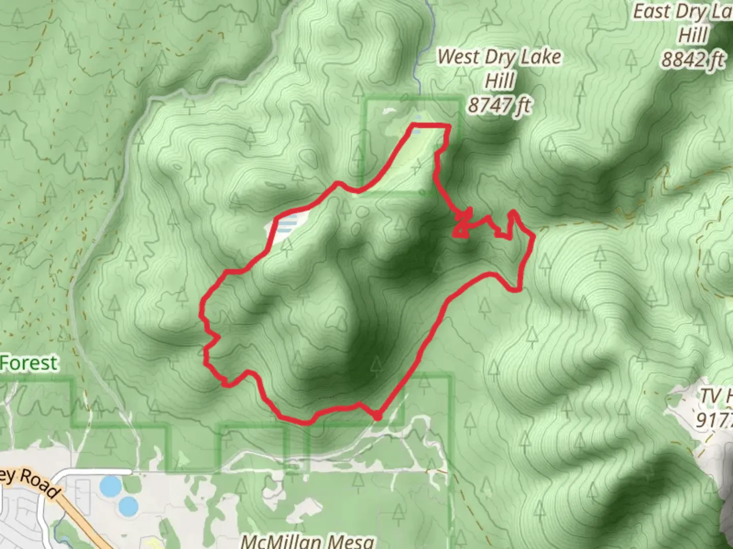 An image depicting the trail Rocky Ridge Trail, pickle trail and Dry Lakes Loop Trail and its surrounding area.