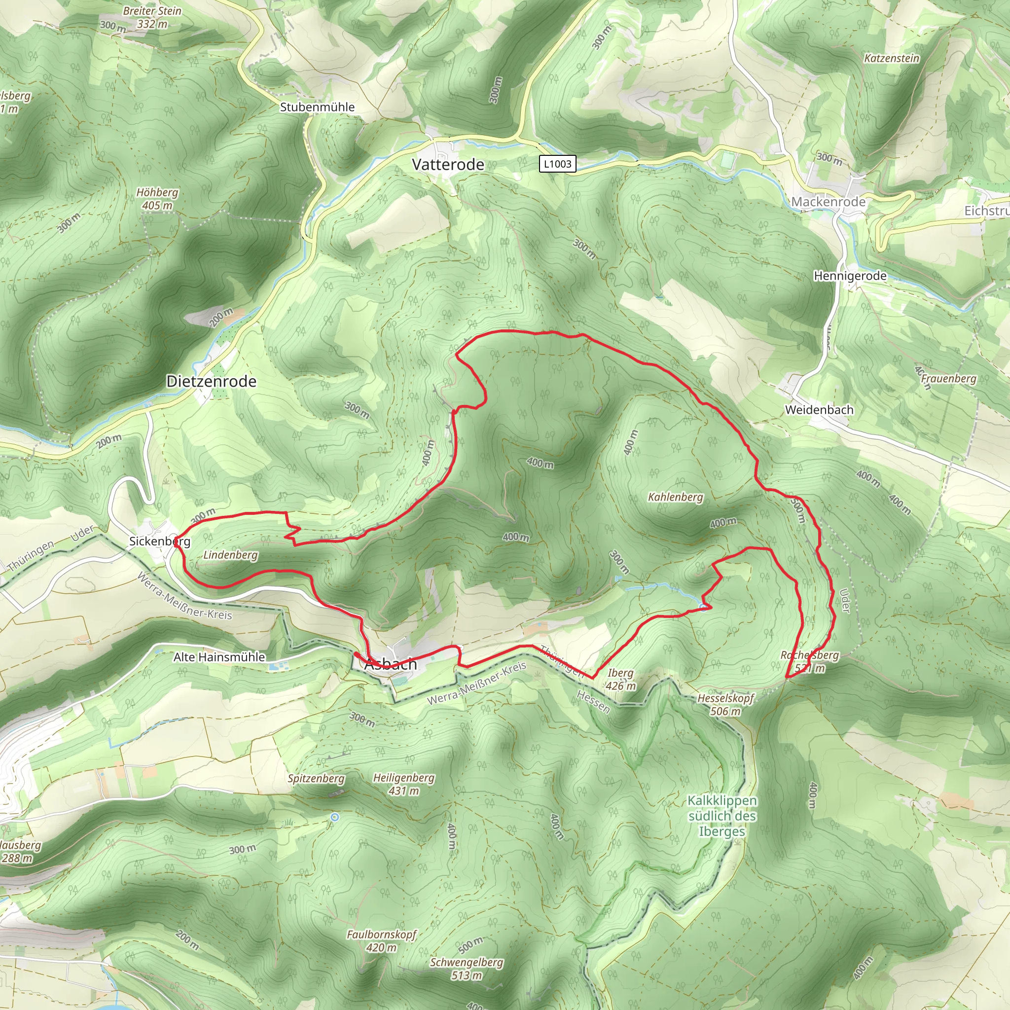 Rachelsberg and Dietzenroeder Stein via Werra Burgen Steig mobile static map