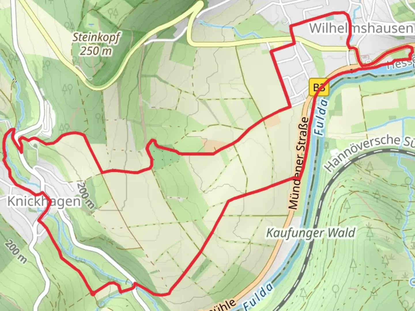 An image depicting the trail Eco Pfad Knickhagen Wilhelmhausen and Wildbahn and its surrounding area.